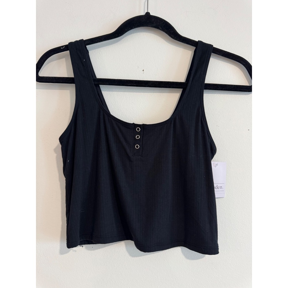 Auden Ribbed Henley Crop Top Womens Medium Black Henley Neckline